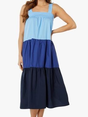 Moon River Tiered Color-block Blue Midi Dress✨